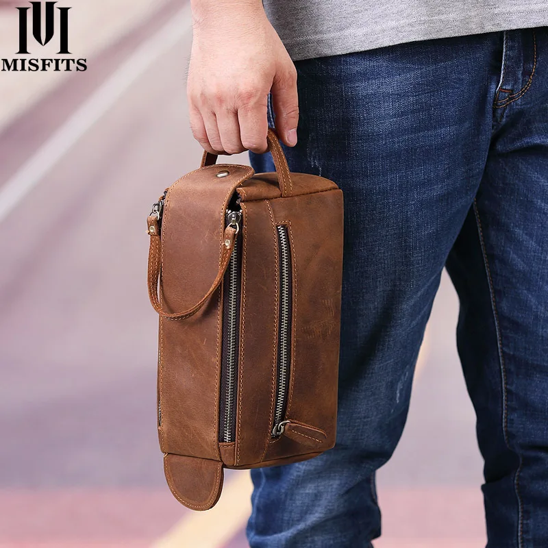 New Retro Genuine Leather Toiletry Bag Crazy Horse Leather Multifunctional Storage Bag Is Still Men's Clutch