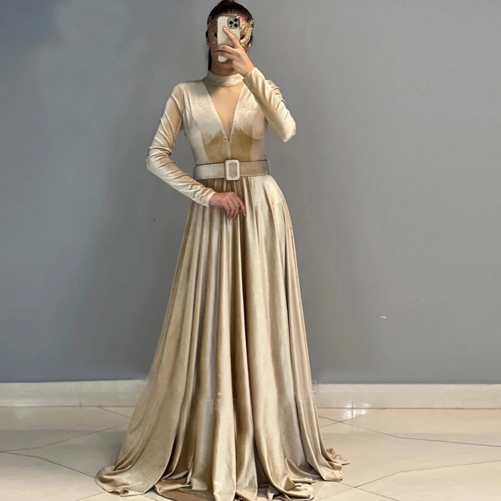 

Sexy Light Yellow Velvet Evening Prom Dresses Full Sleeves High-neck Customize Formal Gown Zipper robes de soirée femme платье