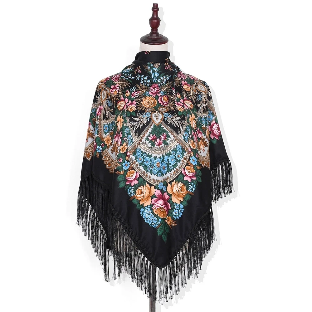 Babushka – foulard Pashmina russe, grand châle carré rétro fleur, couverture en coton, pompon, hiver, pour femmes