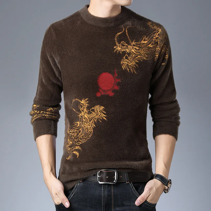 Chinese Style Crane Pattern Sweater Men Fashion Casual Pullover Winter Quality Velvet Soft Comfortable Knitted Luxury Pull Homme