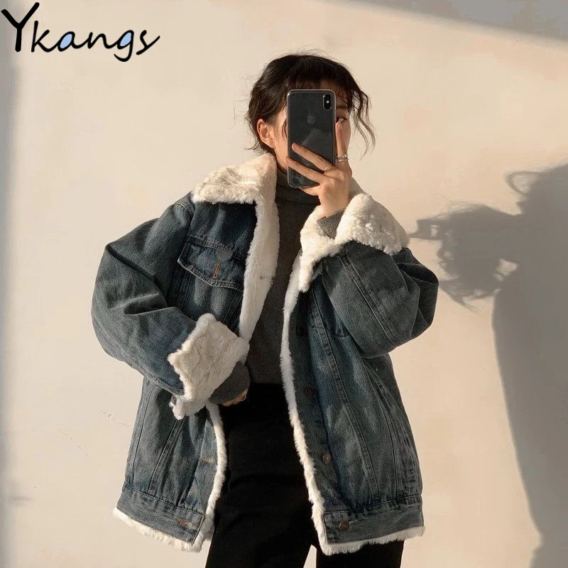 

Winter Cotton Splicing Short Denim Women'S Jacket 2020 Loose Korean Button Coat Plus Velvet Thickening Fashion Clothing Parkas