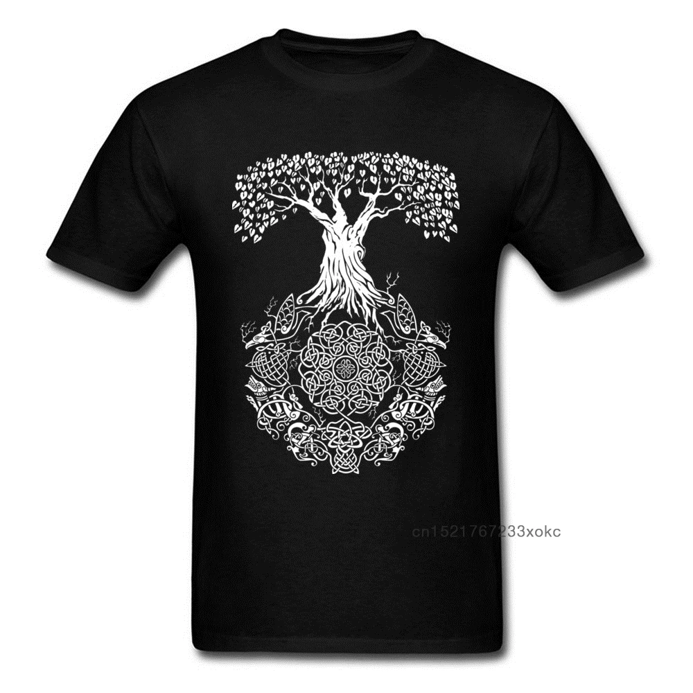 100% Cotton Men Short Sleeve Yggdrasil Tree of Life T-shirts Funny Tops & Tees Fashionable Street Round Collar Tee-Shirts