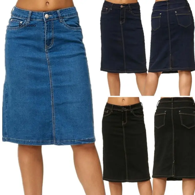 Denim Skirt Women Fashion Casaul Stretch Knee Length Washed Denim Blue Skirts  Pockets Pure Color Office Female Skirts