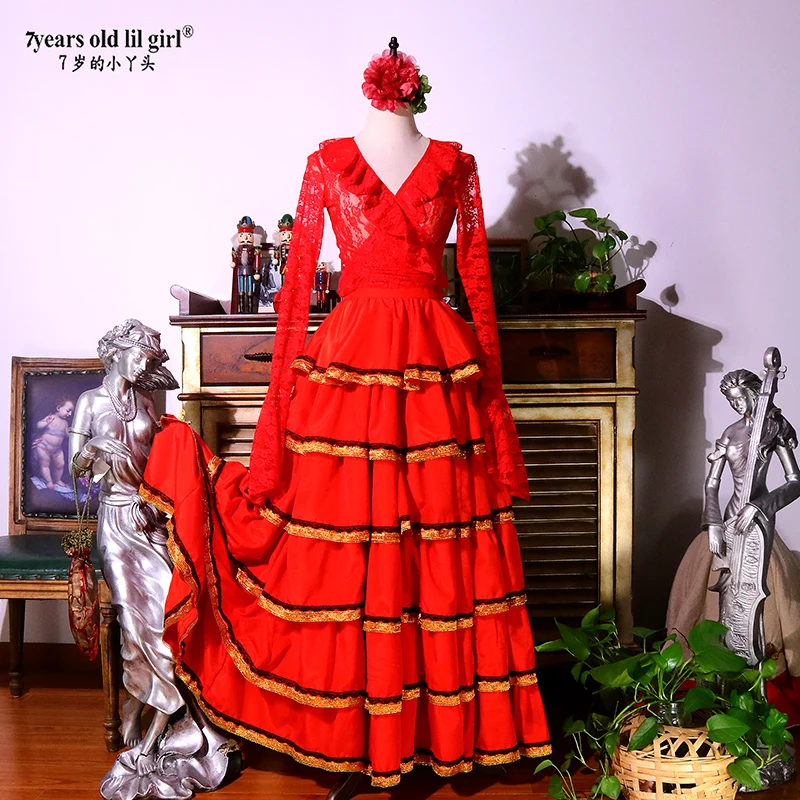 7years Old Lil Girl 2024 New Spanish Dance Dress Flamenco Practice Skirt Multilayer Wear WomenESS35