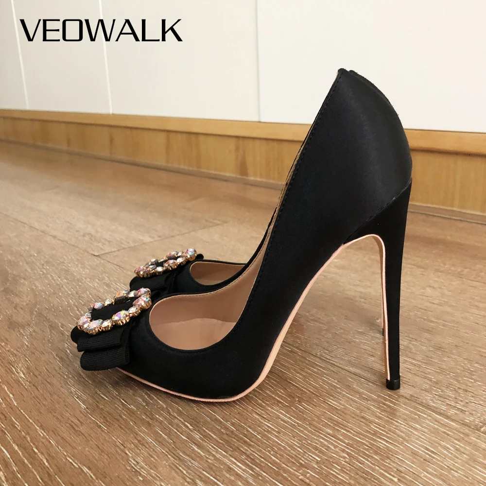 Veowalk Rhinestones Bow Women Solid Black Satin Pointy Toe Stiletto Pumps Elegant Ladies High Heel Dress Shoes 8cm 10cm 12cm