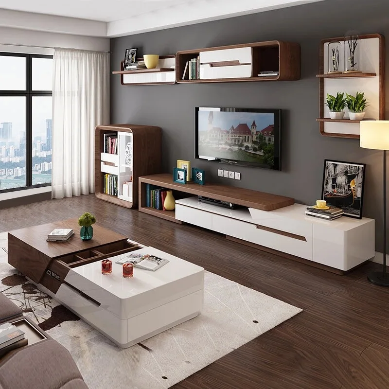 Modern minimalist white painted coffee table TV cabinet combination fashion wood grain stretchable living room coffee table