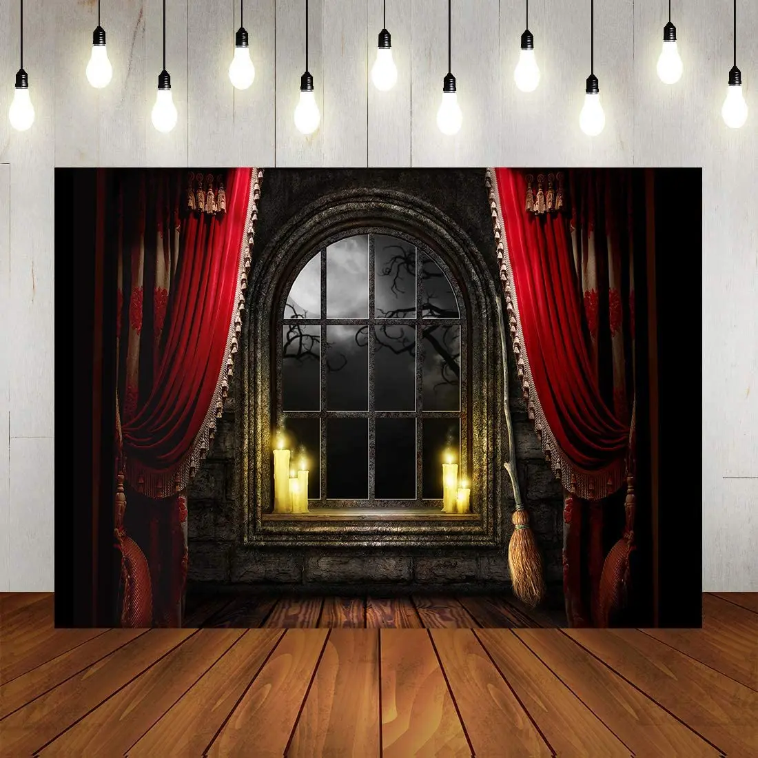 Halloween Themed Photography Backdrop Curtain Floor Balcony Moon Magical Broom Background Photo Studio Booth Props