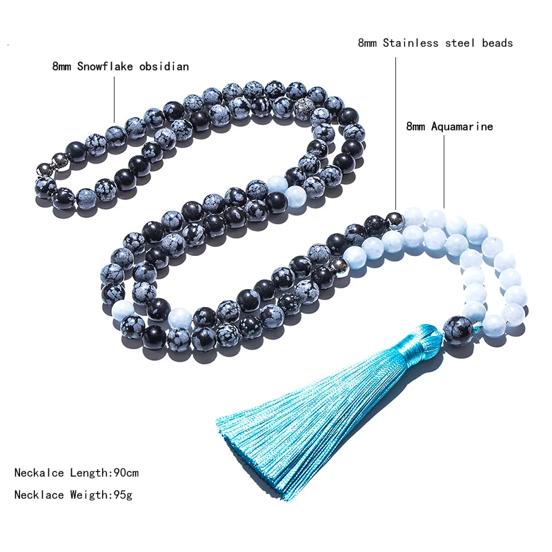 8mm Natural Stone Beads,Snowflake Obsidian,Aguamarina,Japamala Sets,Spiritual Meditation Yoga Jewelry,108 Mala Beads Necklace