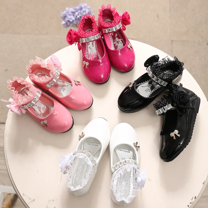 Girls Leather Shoes Children Baby Girl Dress Dance Kids Shoes Wedding Rhinestones Girls Princess Student Single Shoes E240