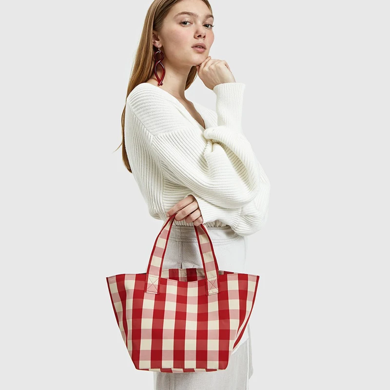 Simple Shoulder Handbag Fashion Red Blue Plaid and Versatile Totes Bag Large Capacity Portable Shopping Bag