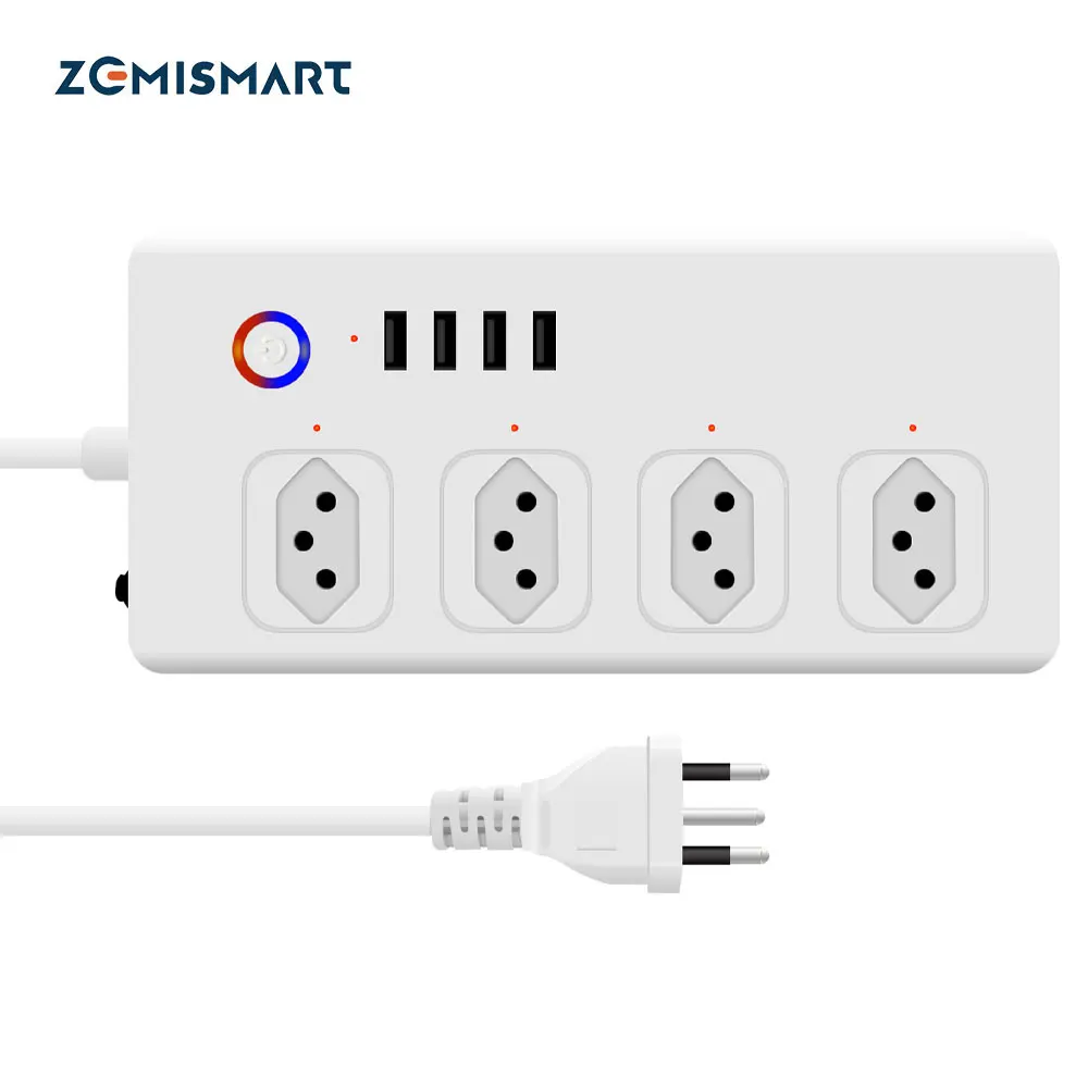 Zemismart Tuya WiFi Line Filter 4 Circuit Breakers 10A Plug Smart Energy Sockets Brazil Plug 4 Socket Charger 2.1A USB