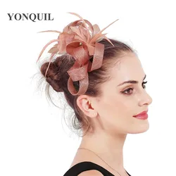 Elegant Bride Wedding Headwear Women Marriage Sinamay Hats Fascinators Headband Feather Flower Fashion Party Hair Accessories