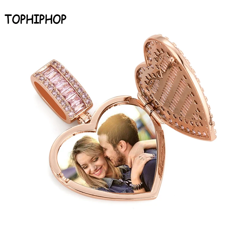 

TOPHIPHOP Heart Shaped Custom Photo Frame Pendant Ice Out Cubic Zirconia Pendant Hip Hop Fashion Jewelry Can Open