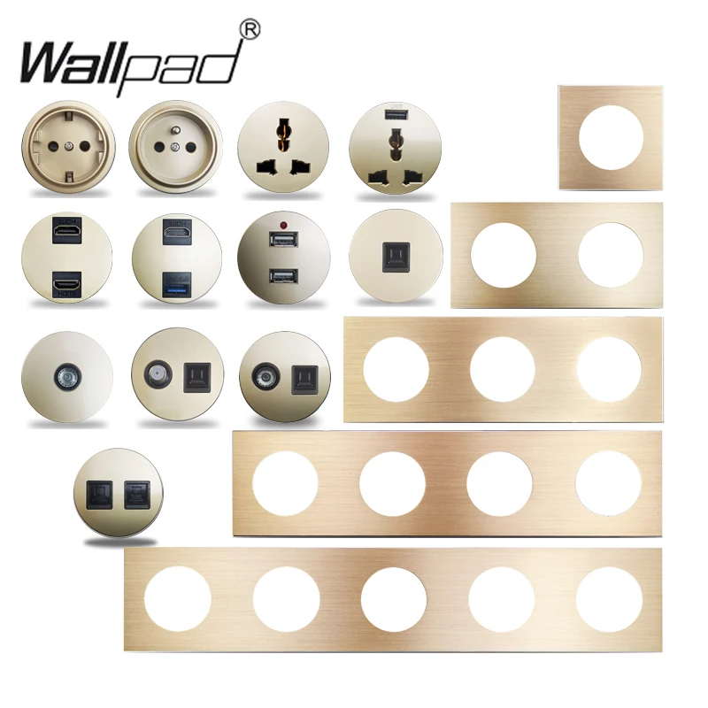 Wallpad EU French Wall Socket Electrical Outlet L6 Gold Brushed Aluminum RJ45 CAT6 HDMI-compatible Modules Free Combination