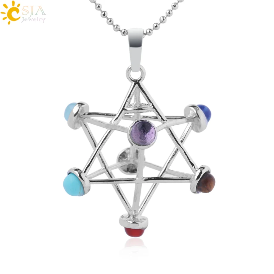 CSJA Merkaba Chakras Pendants Natural Stone Reiki 7 Chakra Necklaces Healing Hollow Star Point Women Men Necklace Pendulo F766