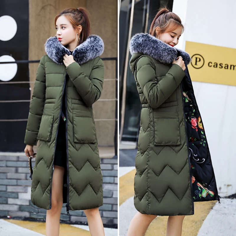 Women Winter Two Sides Jacket With Fur Hooded Long Cotton Padded Female Warm Coat Outwear Print Parka