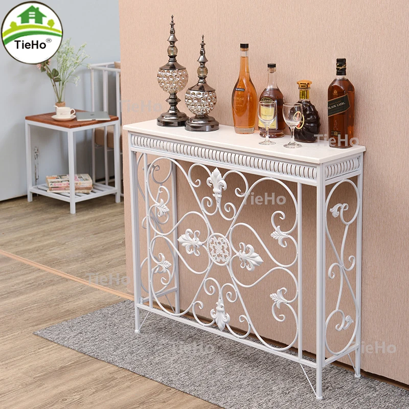 TieHo European-style Iron Console Table Porch Narrow Table Side Cabinet Hallway Furniture Iron Flower Frame Design