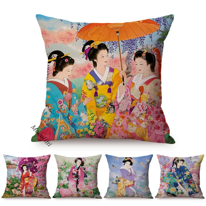 

Elegant Japan Woman Portrait Sexy Goddess Ethnic Tradition Watercolor Artwork Decorative Sofa Pillow Case Cushion Cover Cojines