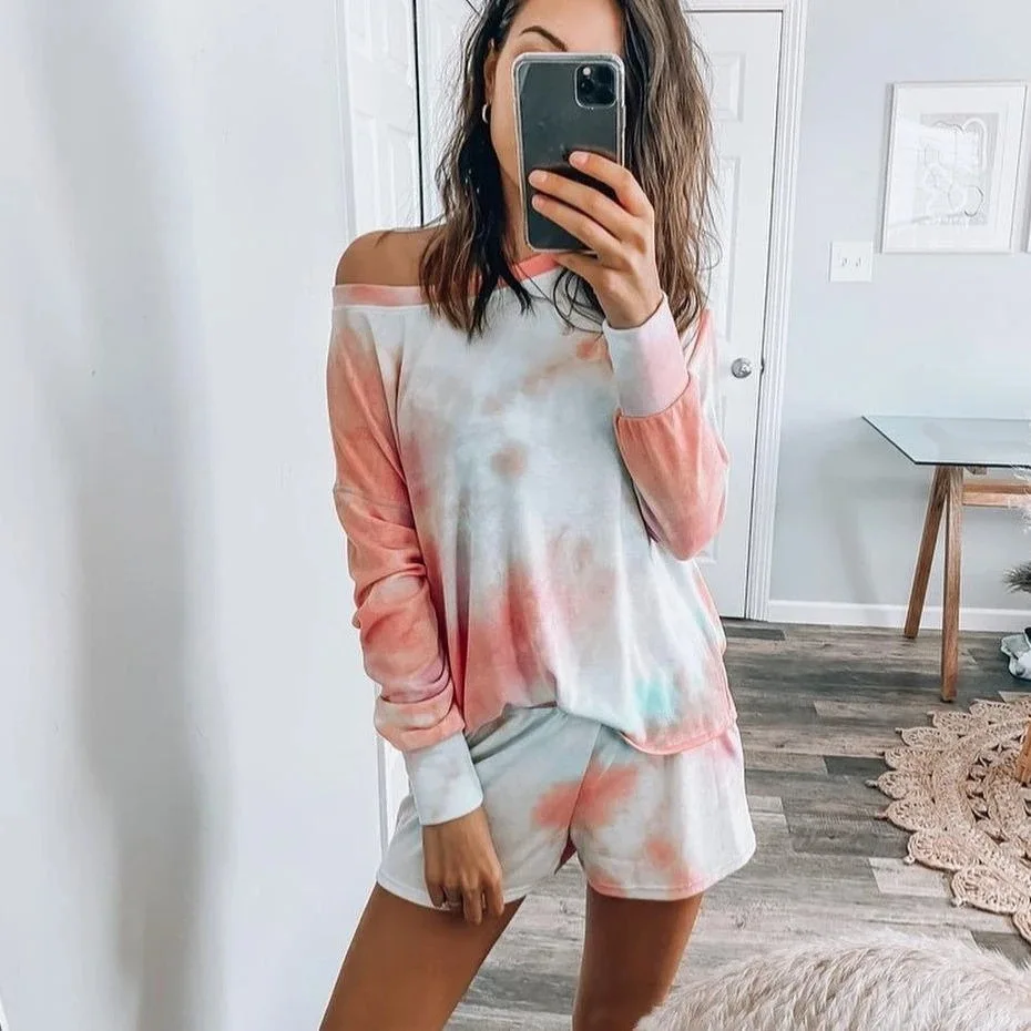 Women Pajama Sets 2020 Fashion New Female Tie Dye Printed Long Sleeve Top Tshirt and Shorts Sets 2pieces Sleepwear Loungewear