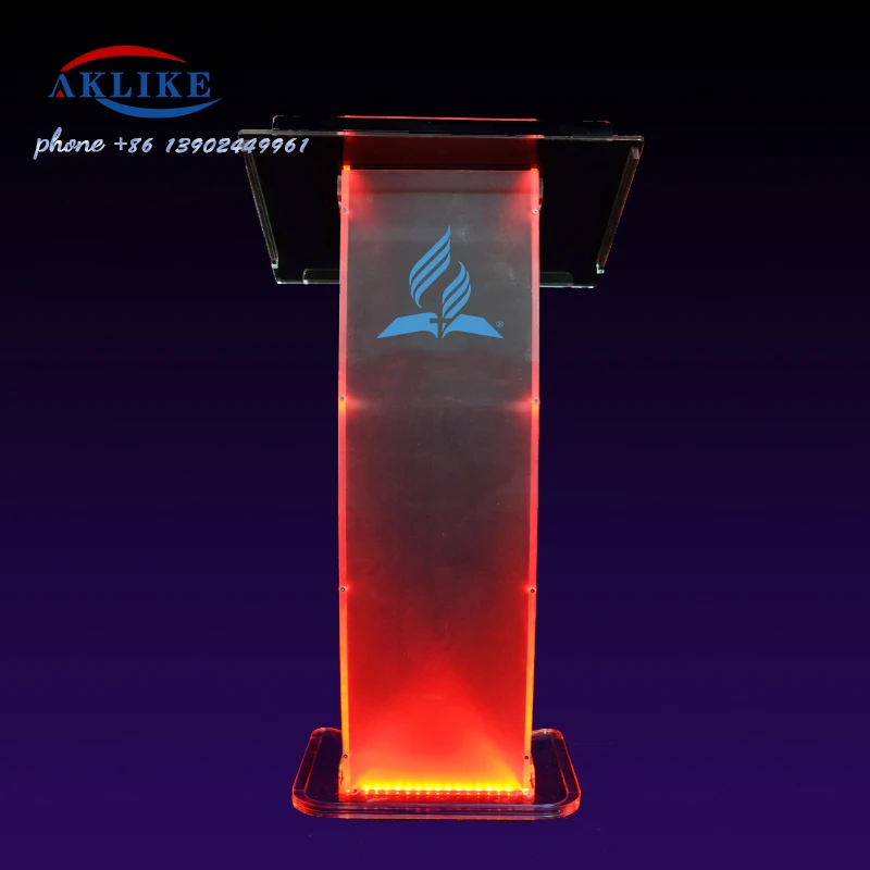 2024 AKLIKE Perfect Curve Design Acrylic Leadership Rostrum Latest Fashion Cheap Lectern Customized Logo Light Platform