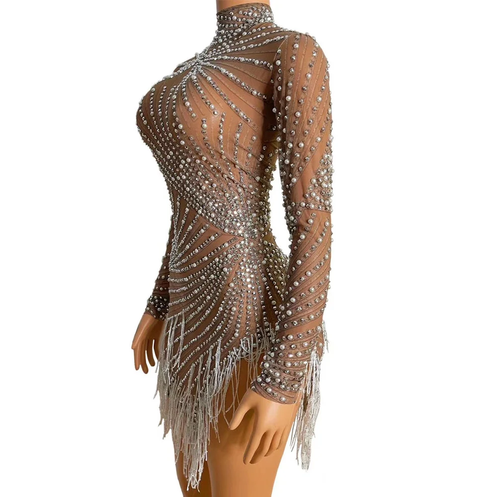 Vestido brillante con borlas y diamantes de imitación para mujer, vestido asimétrico de cuello alto de manga larga para club nocturno, espectáculo de danza, disfraz de Drag Queen para fiesta