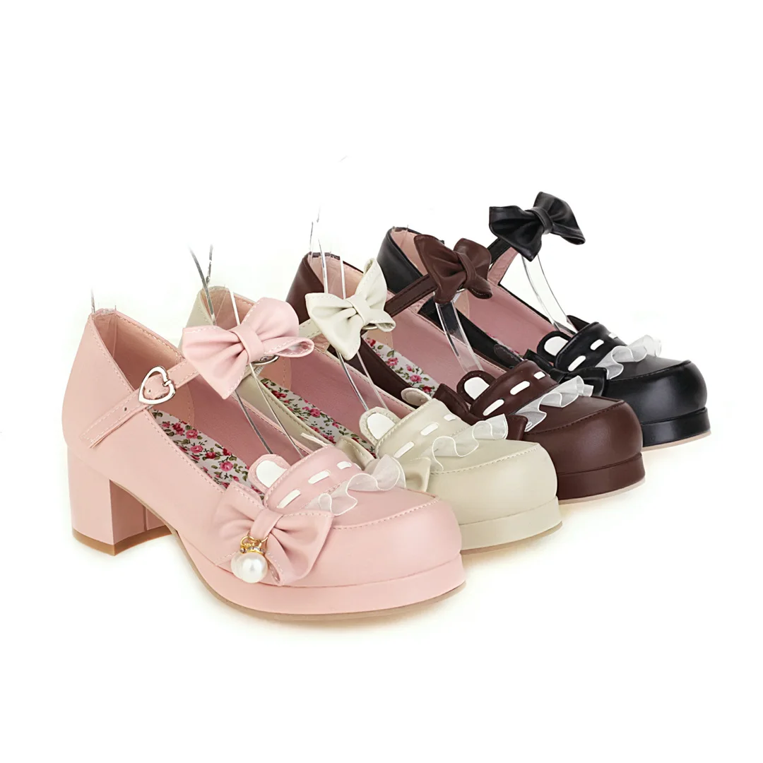 Japanese Style Sweet Bow Lace Princess Lolita Shoes Lace-up Med Heel Buckle Strap Thick Platform Pumps with Cute Ears Pearl 2021