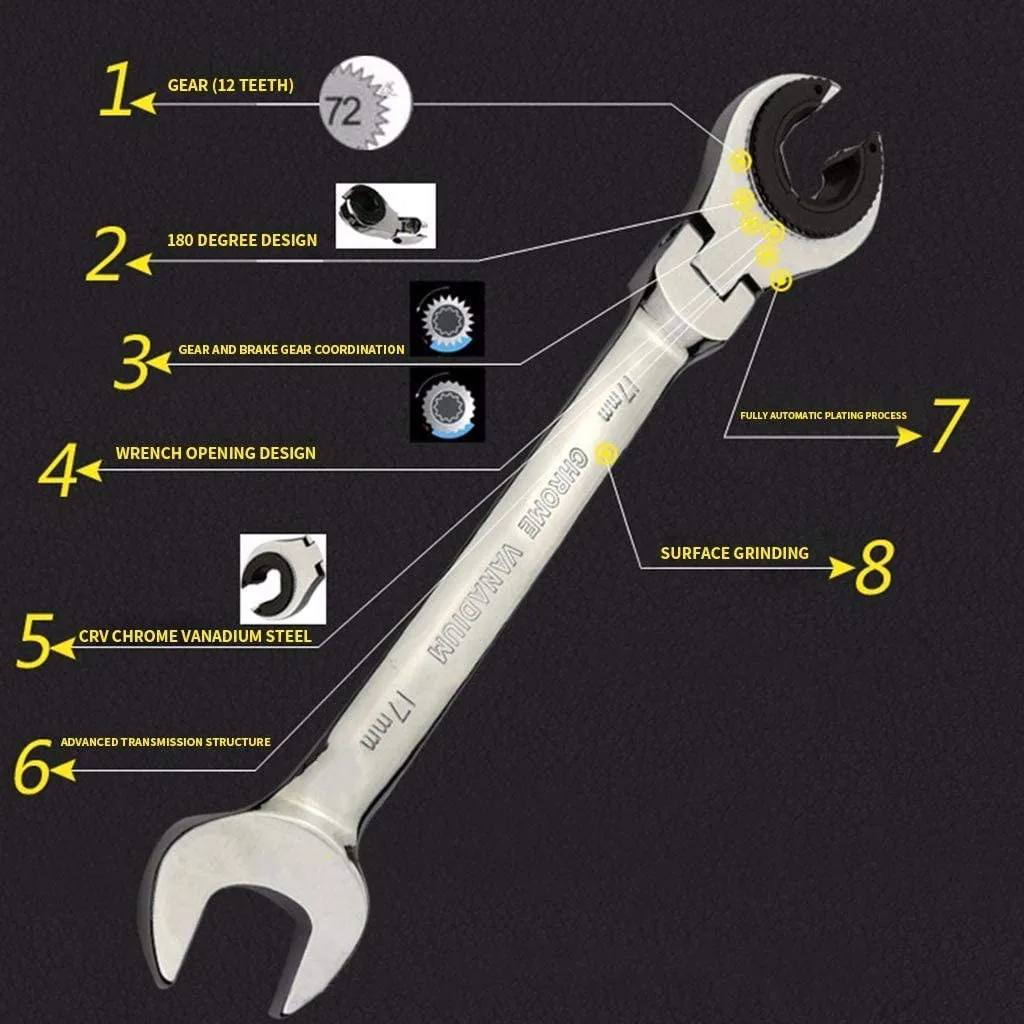 Fixed Head Tubing Ratchet Open End Combination Wrench Set,72 Gears CR-V Chrome Vanadium Steel,13pcs Metric 8-32mm