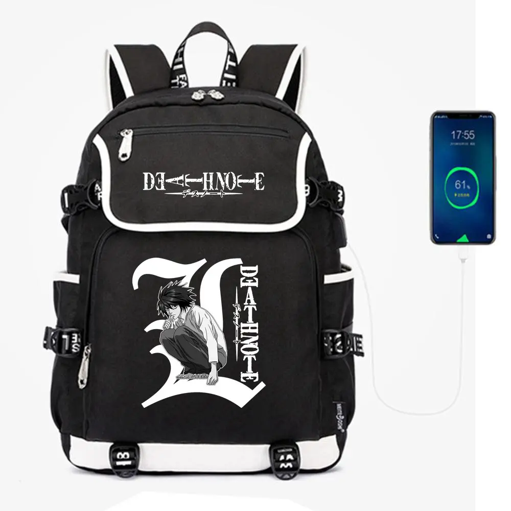 Anime Death Note L Yagami Light Backpack USB Rucksack Travel Bag Men Teens Shoulder Laptap Bags Student Bookbag Black