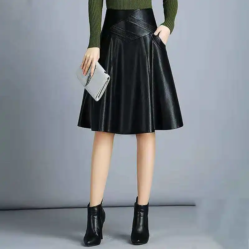 High Waist Leather Sheepskin A-Line Skirts Elegant Black Skirt Korean Womens Female Indie Folk Knee Length Ladies Office Skirt