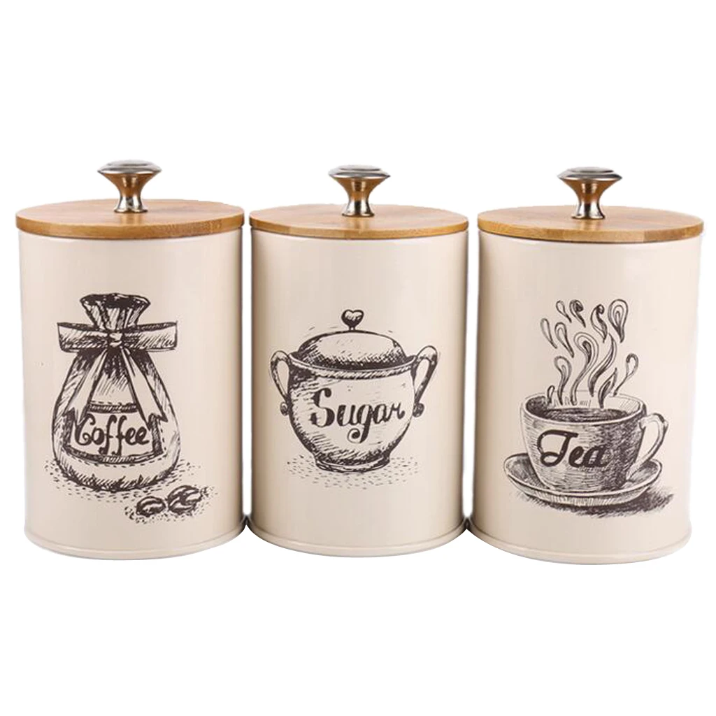 3pcs Retro 1L Kitchen Storage Jars Tea Coffee Sugar Canister Tins with Lid Metal Iron Home Organizer Candy Sealed Cans Box