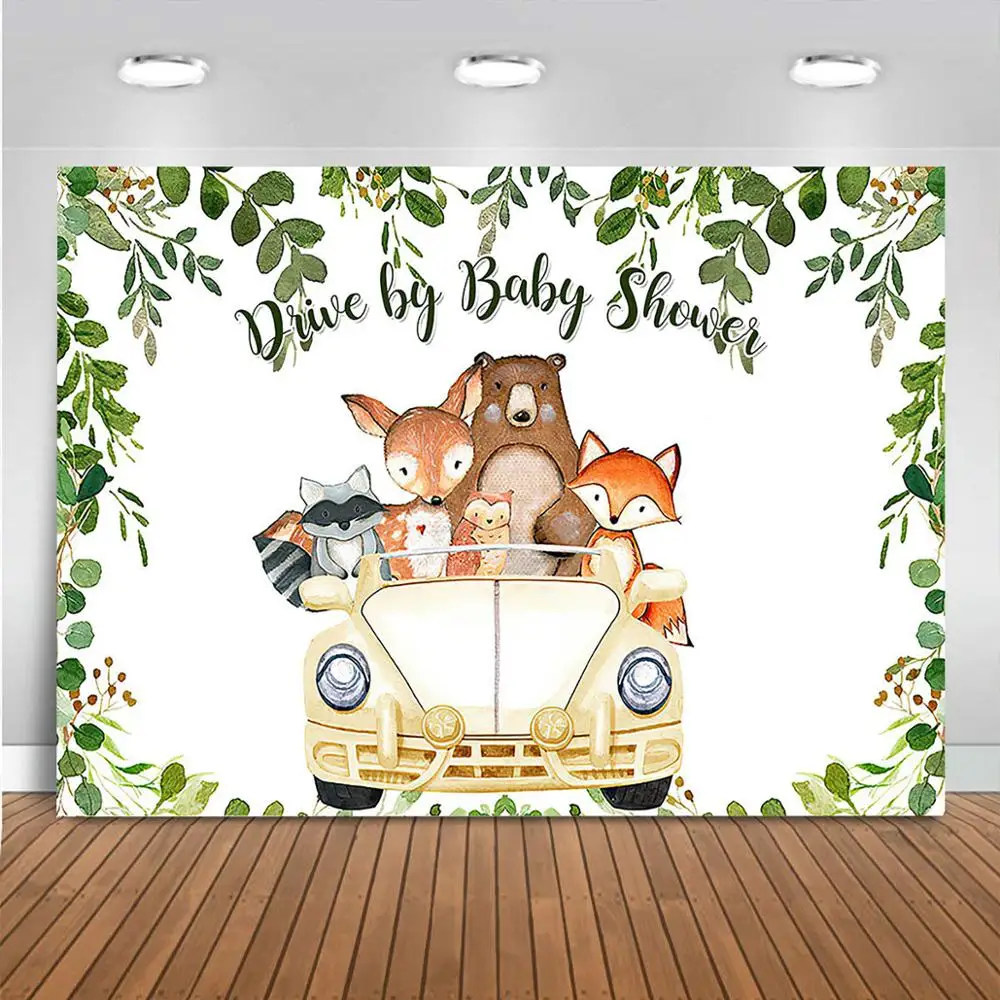 우드랜드 베이비 샤워 배경 드라이브 베이비 샤워 사진 배경 우드랜드 사파리 동물 베이비 샤워 파티 장식 배너