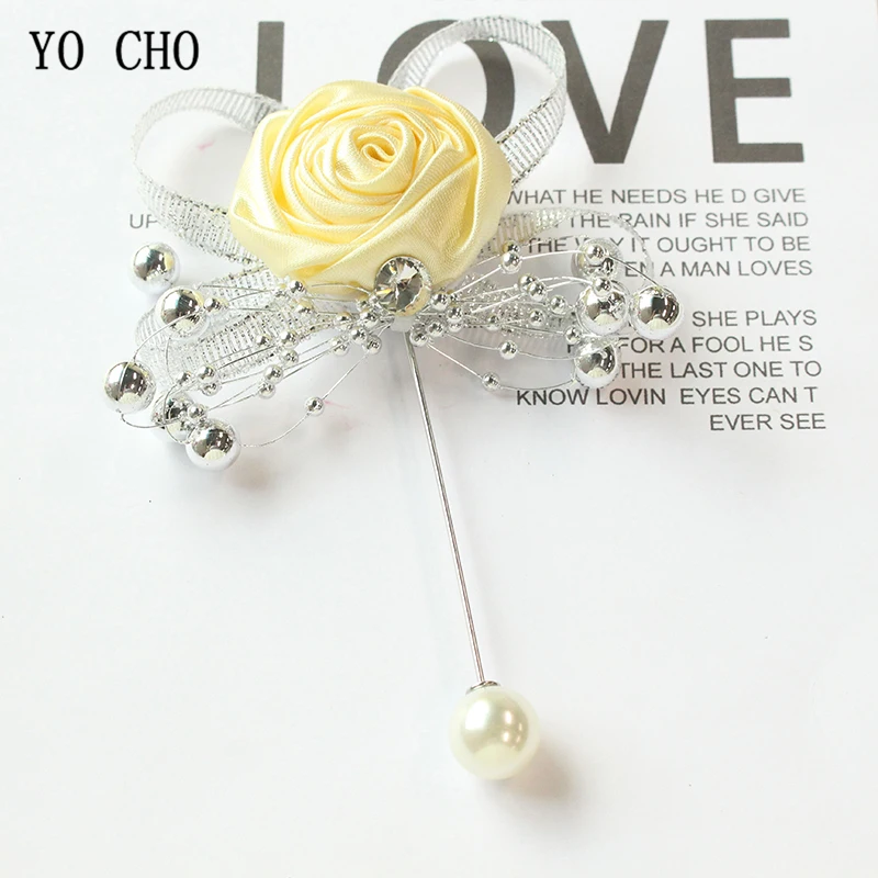 YO CHO-Groom Boutonniere Broche Buttonhole para Mulheres e Homens, Pinos De Corsage De Casamento, Rosas De Seda, Corsage Flores Acessórios