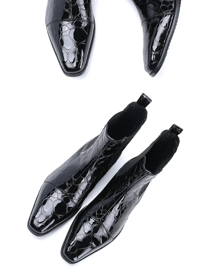 Frühlingsswarze kurze Stiefel mit Krokodilmuster, modische Stiefel, quadratischer Kopf, Lackleder, nackte Chelsea-Kurzstiefel für Herren – Detail 3