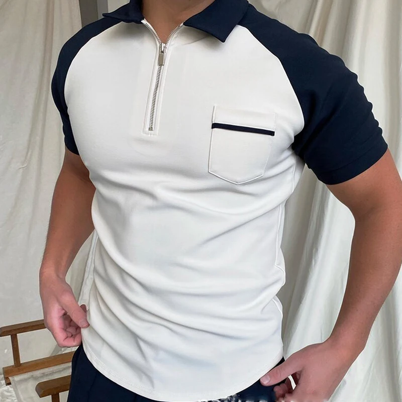 

New Summer Streetwear Clothing Men Fashion Plaid Short Sleeve Polo Shirts Casual Turn-down Collar Zipper Design Patchwork Tops