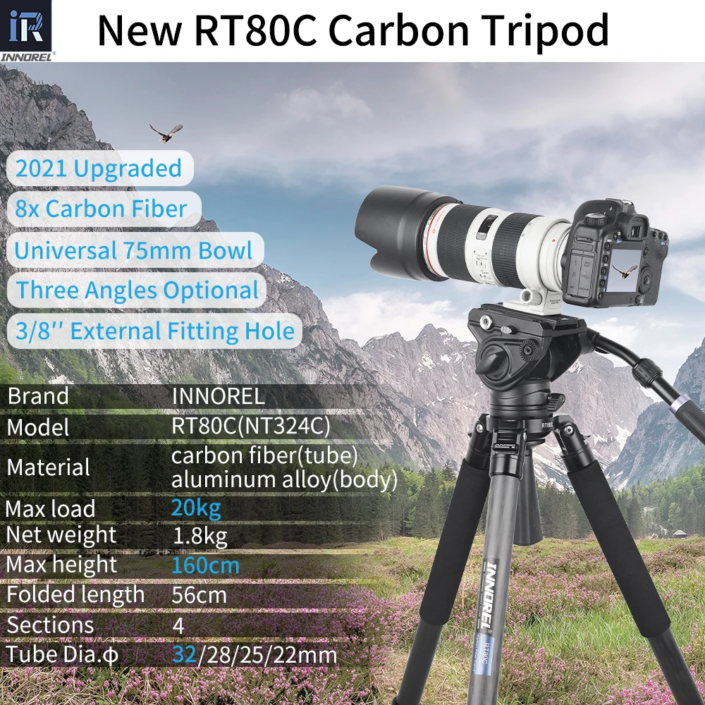 RT80C/NT324C Professional Carbon Fiber Tripod for DSLR Camera Video Camcorder Heavy Duty Birdwatching Camera Stand Bowl Tripod