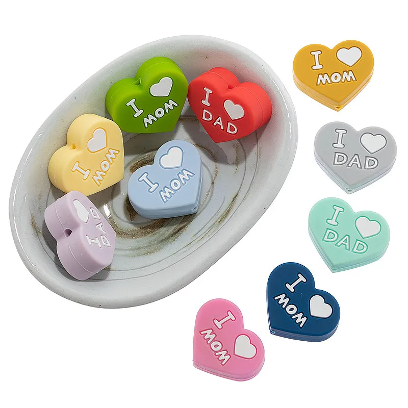 TYRY.HU, 5 uds., silicona de calidad alimentaria, "I Love Mom/Papa", cuentas de dentición de corazón de silicona sin BPA, cuentas masticables de silicona para bebés sin BPA