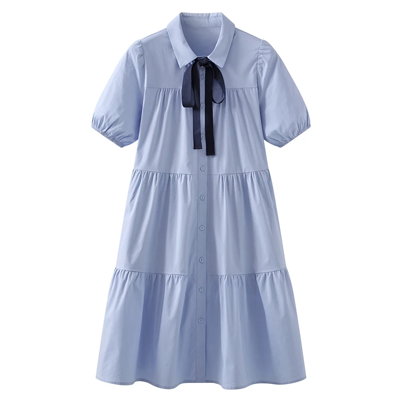 

Casual Shirt Dress Women White Summer 2021 Korean Preppy High Waist Puff Short Sleeve Mini Cute Bandage School Uniform Dresses