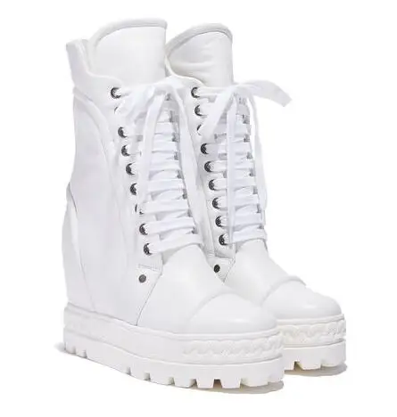 New Woman White Black Genuine Leather High Top Sneakers 8 cm Height Increasing Thick Sole Platform Wedge Short Combat Boots