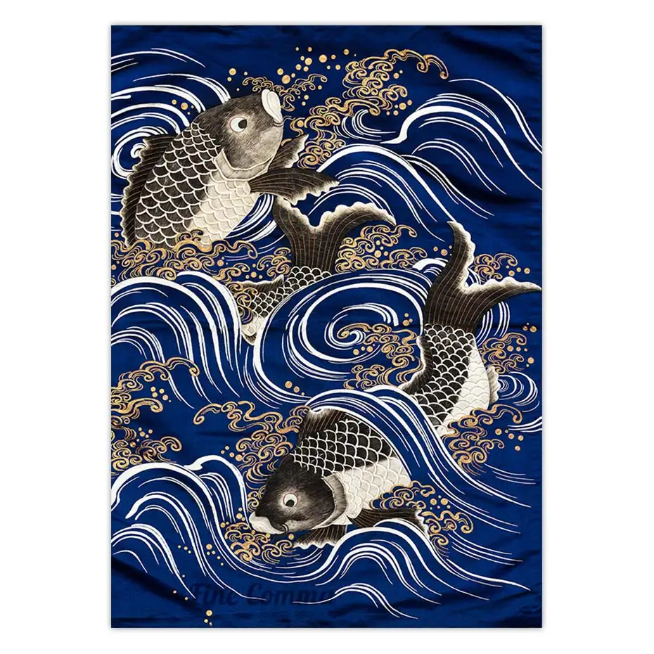 Gift Cover Fukusa with Carp in Waves during Meiji period Vintage Japanese Art Poster Fish Koi Wave Wall Art Canvas Print Decor