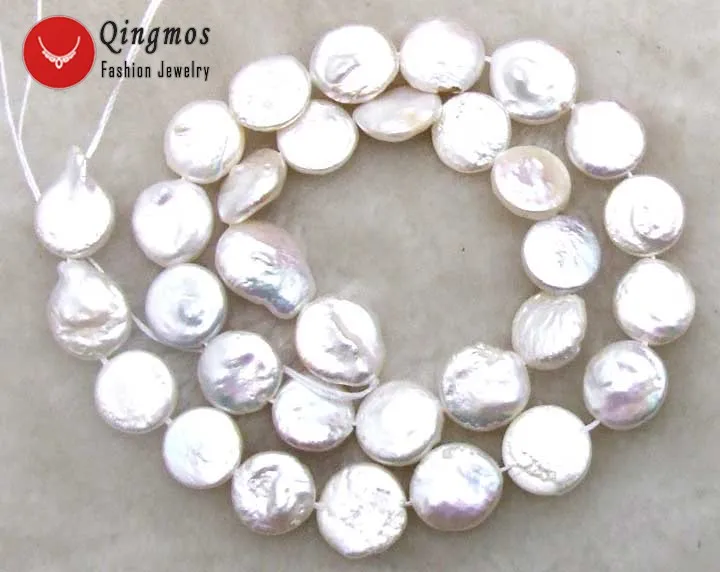 

Qingmos 13-14mm Coin Round Natural White Pearl Beads for Jewelry Making DIY Necklace Bracelet Earring Loose Strands 14" Los73