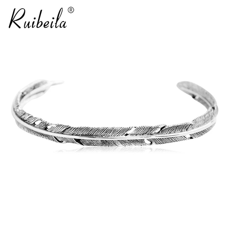 New authentic 925 silver Indian retro personality feather opening bracelet men and women couple bracelet jewelry gift