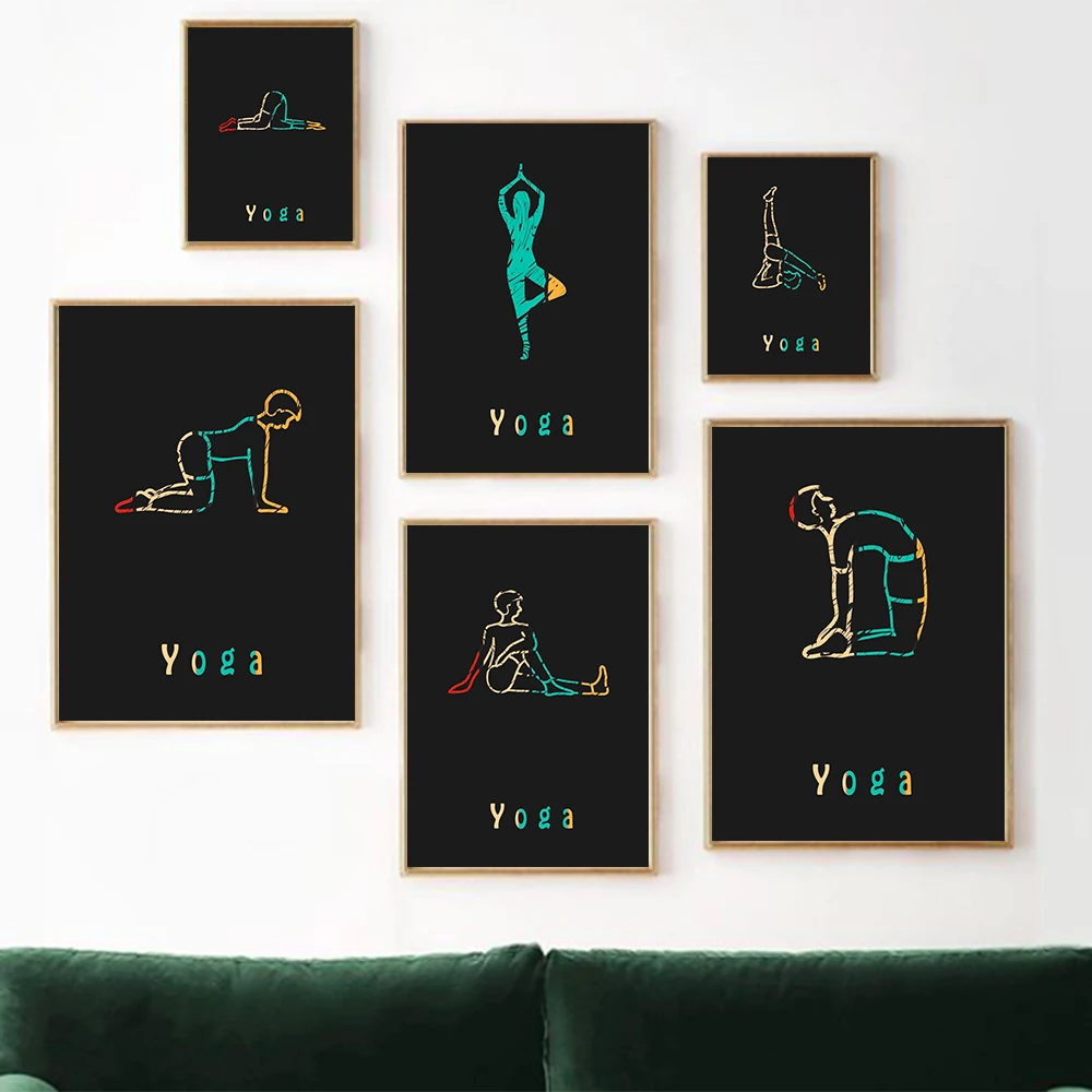 Home Exercise Gym Yoga Chart Abstract Line Body Pose Health Posters Wall Art Canvas Painting Yoga Prints Bed Room Office Decor