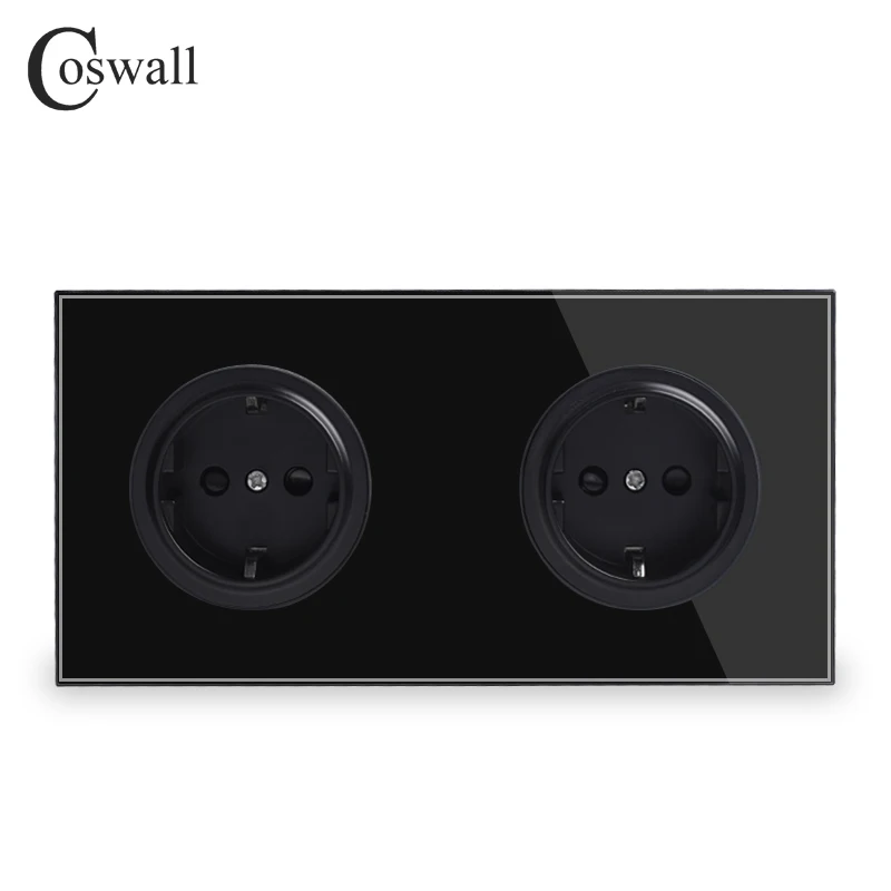 Coswall Crystal Tempered Pure Glass Panel 16A Double EU Standard Wall Power Socket Outlet Grounded With Child Protective Lock