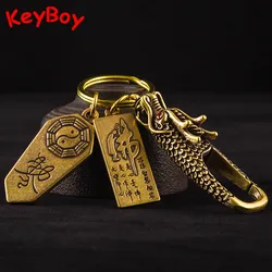 Brass Dragon Head Keychain Buddha Tag Pendants Jewelry Solid Copper Car Key Chain Hanging Buckle Lucky DIY Keyrings Accessories