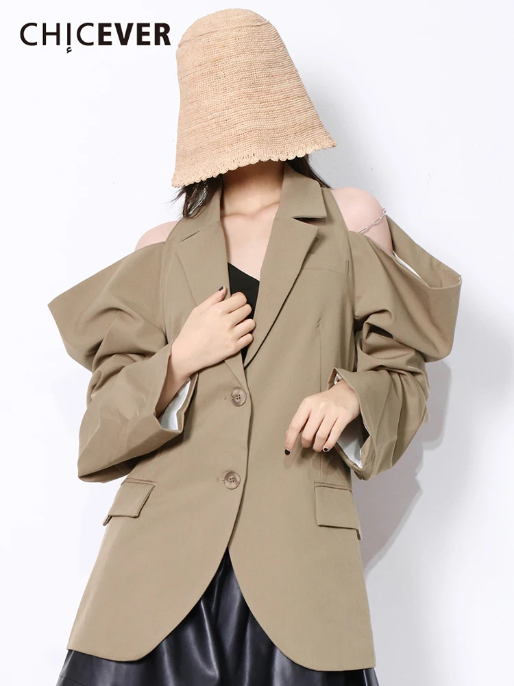 

CHICEVER Off Shoulder Fashionable Blazer For Women Notched Collar Long Sleeve Hollow Out Blazers Female Fashion New Clothing
