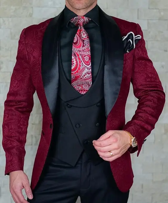 2024 Tailor-Made Burgundy Wedding Men Suits Slim Fit Tuxedo 3 Pieces Suits Groom Prom Jacquard Blazer Terno Masculino Suits