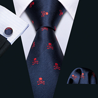 Navy Red Skull Designer Mens Tie Necktie Handkerchief Cufflinks Set Silk Ties For Male Stylish Party Business Gift Barry.Wang