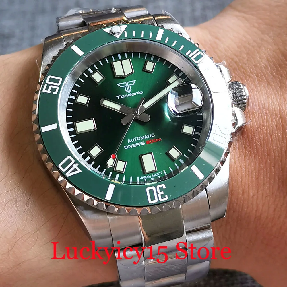 200M Waterproof Tandorio Brand Green Luminous Sunburst Dial Hand Japan NH35A Blue Men Watch Automatic Watch Polished Strap