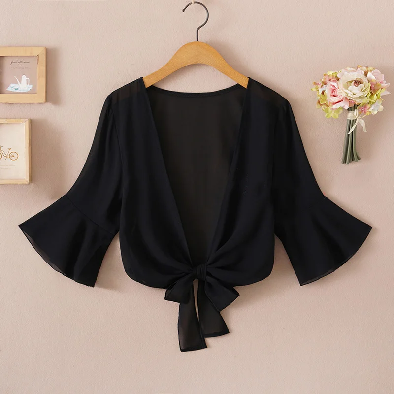 Dài Áo Voan Cardigan Mùa Hè 2020 Người Phụ Nữ Cổ V Thắt Nơ Eo Áo Sơ Mi Đen Ren Tay Ren Bãi Biển Áo bao Che