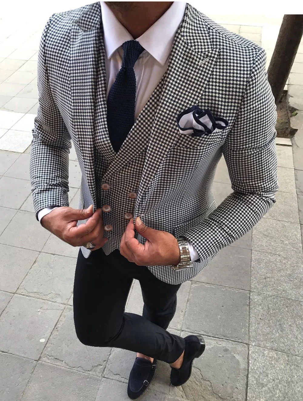 

2020 New Men's Houndstooth Dogstooth Plaid Suits Slim Fit Tuxedo Prom Notch Lapel 3 pieces Wedding Groom set (Blazer+vest+Pants）